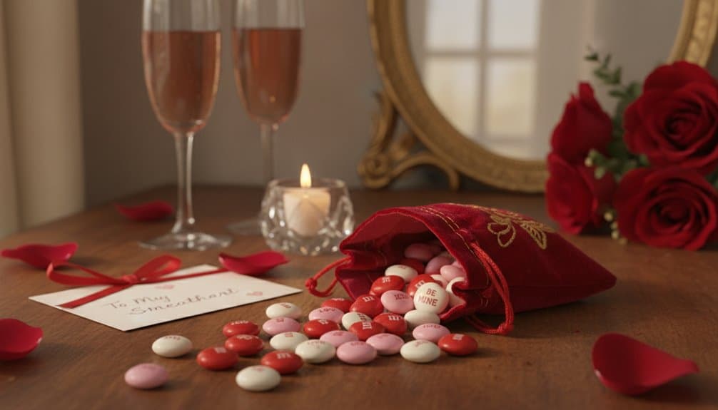 A romantic setup with chocolates, roses, and sparkling drinks for Valentine's Day, featuring a love note, candles, and decorative petals creating a perfect celebration atmosphere.