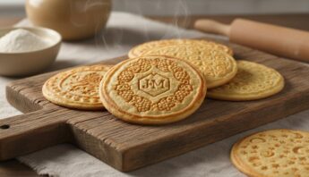 Delicious golden-brown cookies with embossed patterns and initials, perfect for snacks or dessert. Freshly baked, served on a rustic wooden cutting board with flour and rolling pin nearby.
