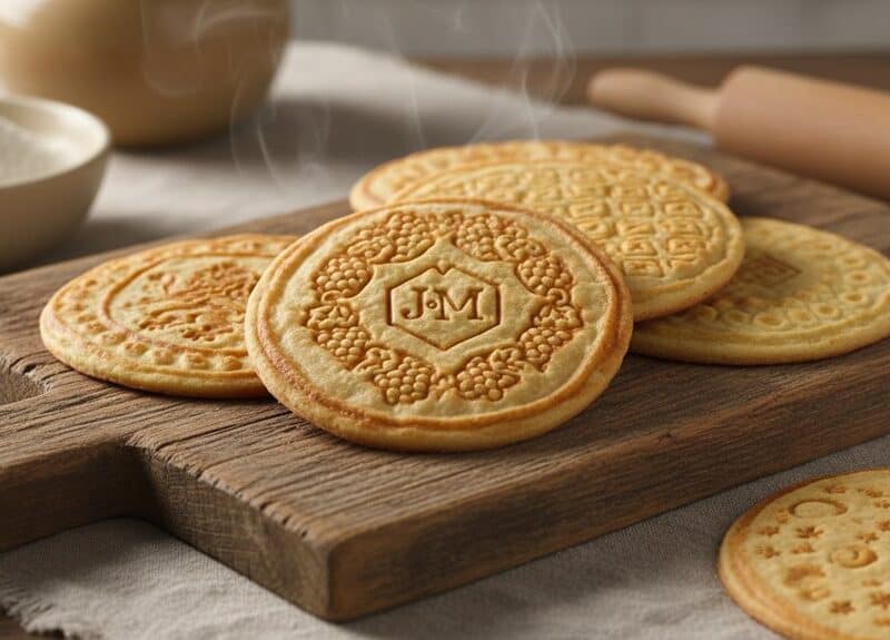 Delicious golden-brown cookies with embossed patterns and initials, perfect for snacks or dessert. Freshly baked, served on a rustic wooden cutting board with flour and rolling pin nearby.