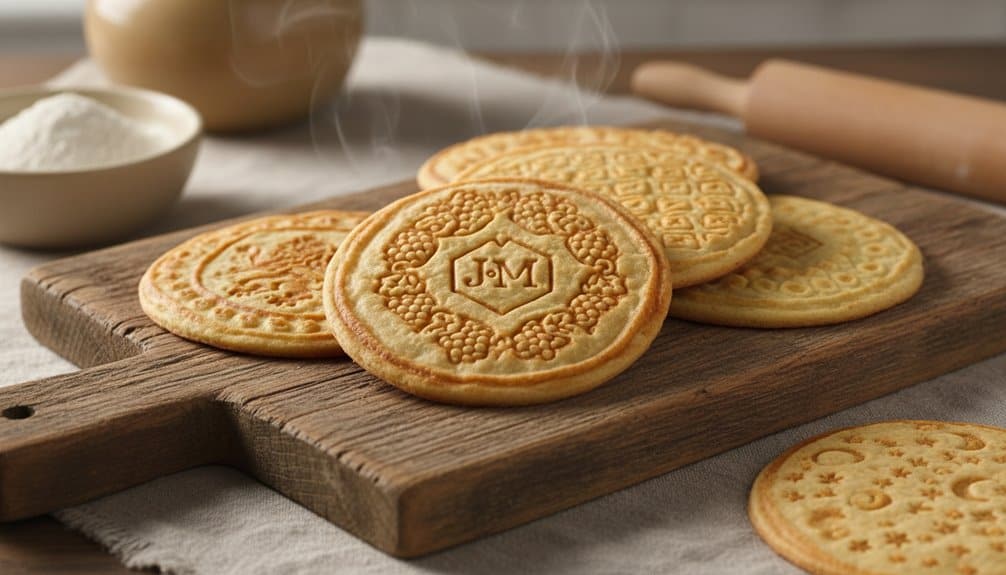 Delicious golden-brown cookies with embossed patterns and initials, perfect for snacks or dessert. Freshly baked, served on a rustic wooden cutting board with flour and rolling pin nearby.