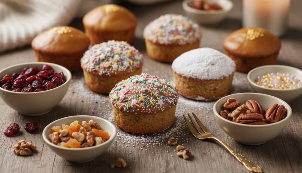 Delicious cupcakes with colorful sprinkles and edible decorations, surrounded by bowls of nuts, dried fruits, berries, and toppings, set on a rustic wooden table.