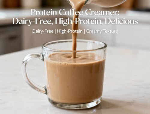 Protein coffee creamer, dairy-free high-protein creamy beverage, health-conscious coffee addition, dairy-free, high-protein, creamy texture, ideal for nutritional fitness.