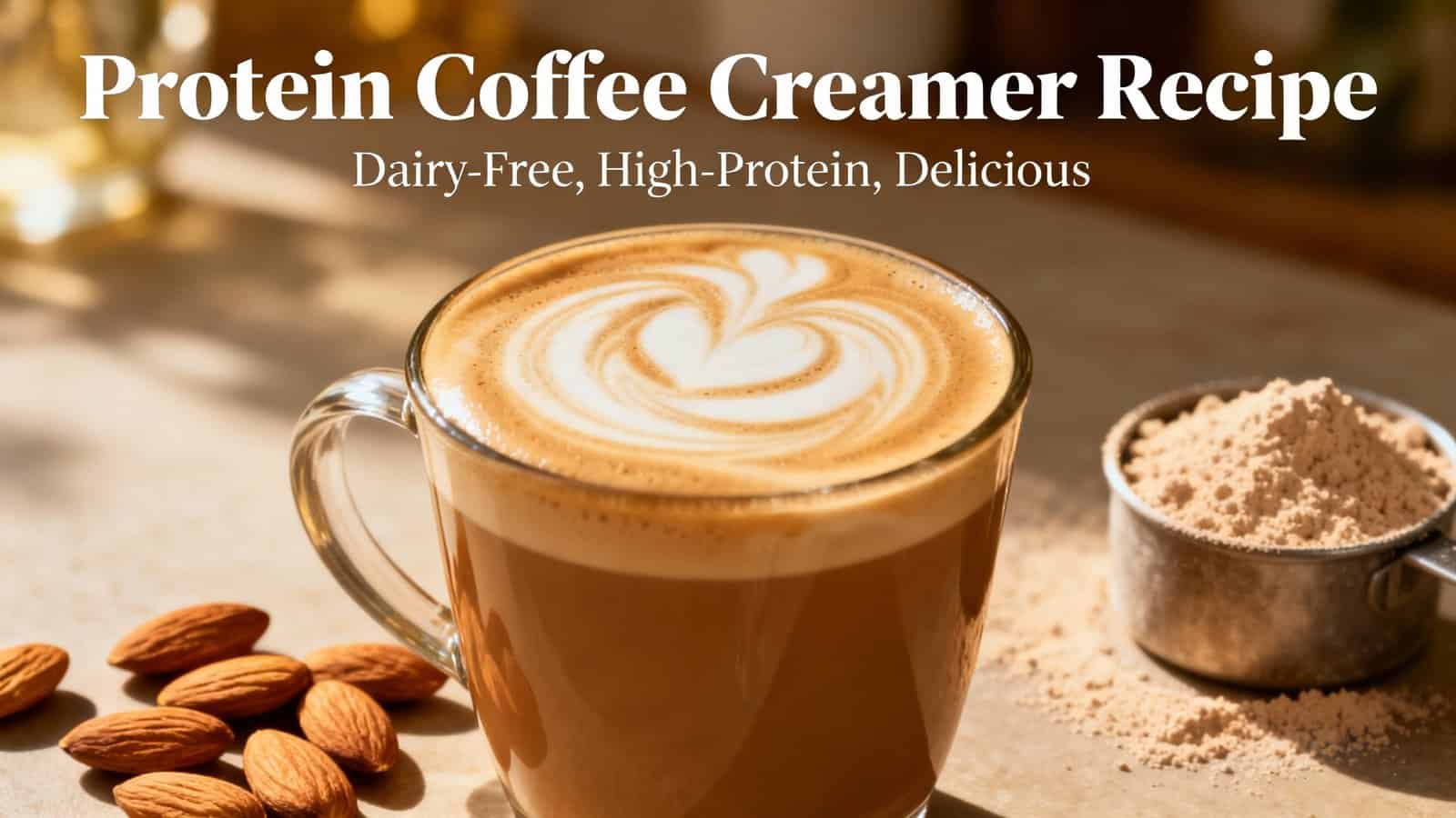 Rich coffee with heart-shaped latte art, surrounded by almonds and protein powder, promoting a healthy, high-protein, dairy-free coffee creamer recipe.