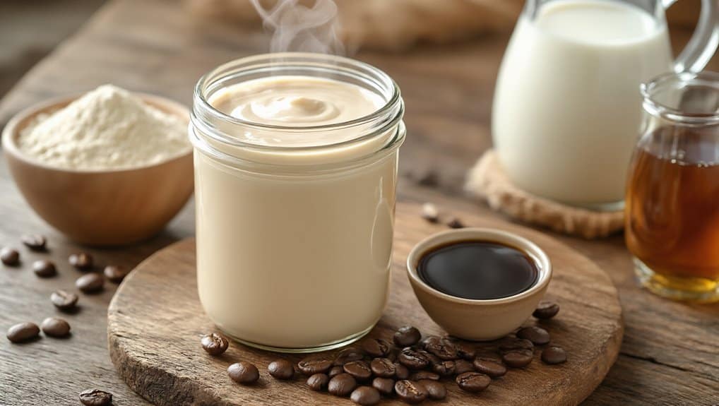 Rich, creamy yogurt with coffee beans and honey on a rustic wooden table for a healthy breakfast or snack.