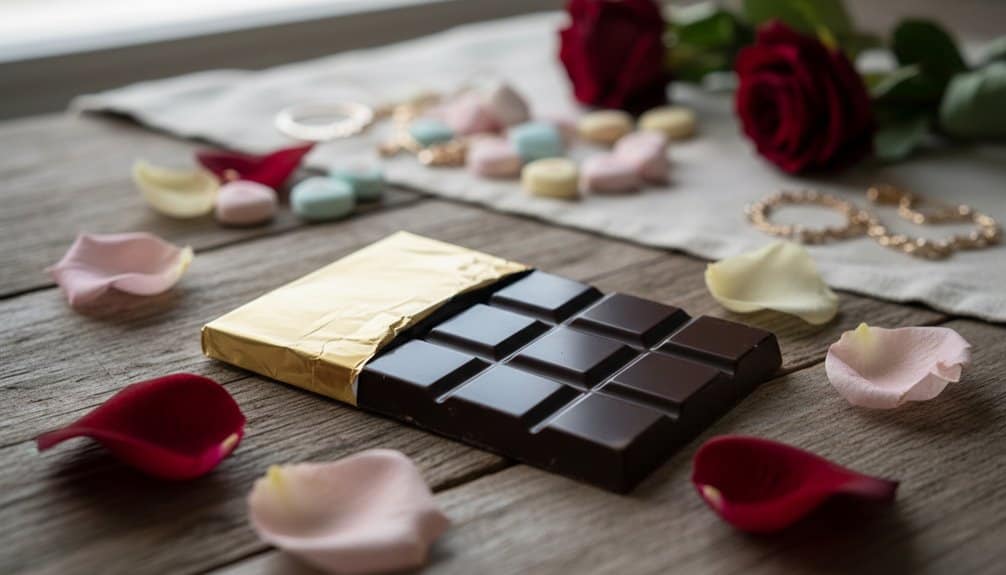 A close-up of a partially unwrapped dark chocolate bar surrounded by rose petals, candies, and jewelry, creating a romantic and indulgent scene ideal for health-conscious indulgence and wellness inspiration.