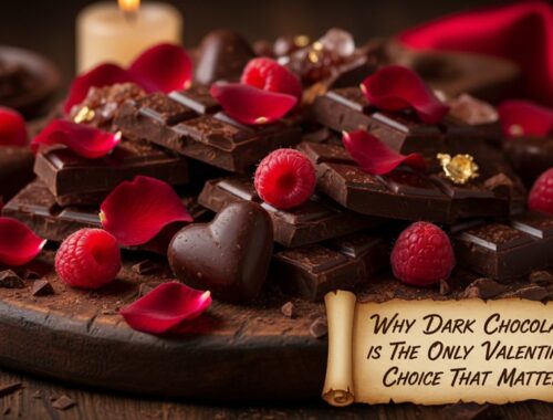 Rich, dark chocolate pieces topped with raspberries, rose petals, and a heart-shaped chocolate, perfect for celebrating Valentine's Day while emphasizing health-conscious choices.