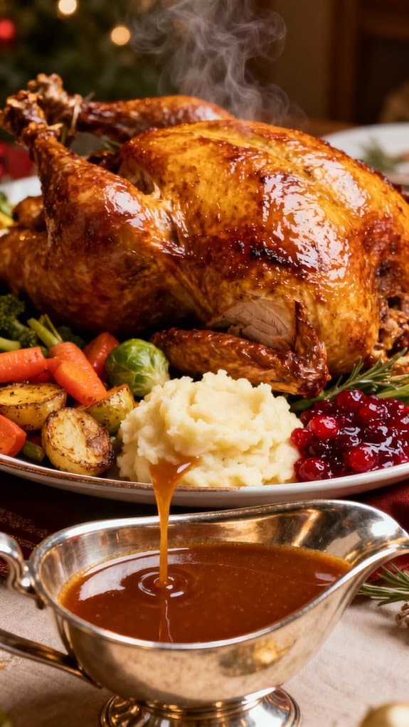 Juicy roasted turkey served with flavorful gravy, mashed potatoes, roasted vegetables, and cranberry sauce, perfect for holiday celebrations.
