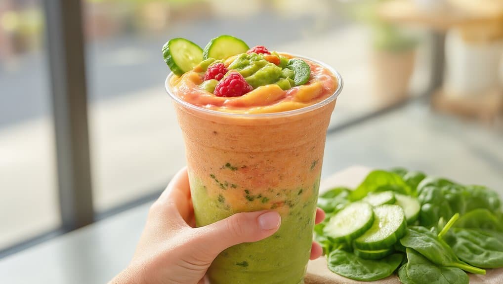 Fresh fruit smoothie in a clear cup with cucumber and spinach on a table, promoting healthy eating and nutrition for fitness enthusiasts.