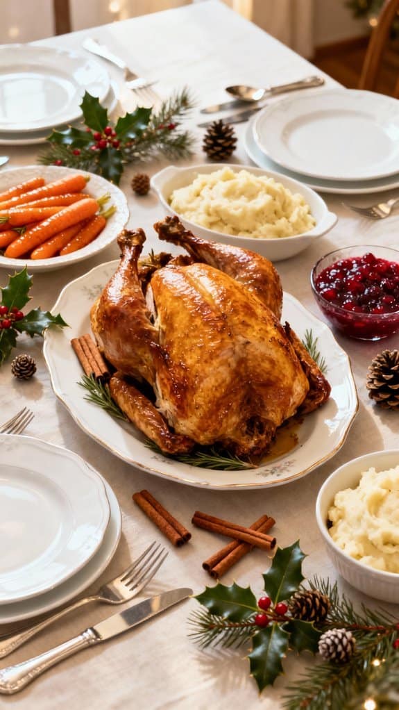The Ultimate Christmas Day Dinner Menu (With Timings) 3 Juicy roasted turkey served with mashed potatoes, fresh carrots, cranberry sauce, and holiday decorations create a festive, appetizing meal.