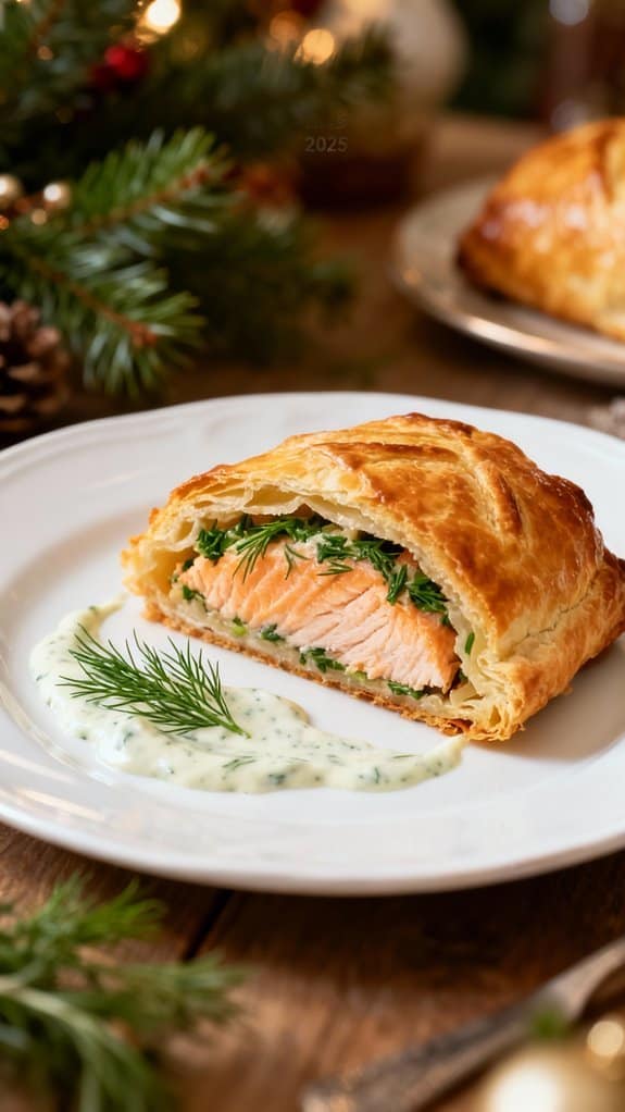 25 Easy Christmas Lunch Ideas Everyone Will Love 2 Delicious homemade salmon Wellington served with creamy dill sauce, ideal for festive holiday meals. Perfect for health-conscious guests who love flavorful, nutritious dishes.