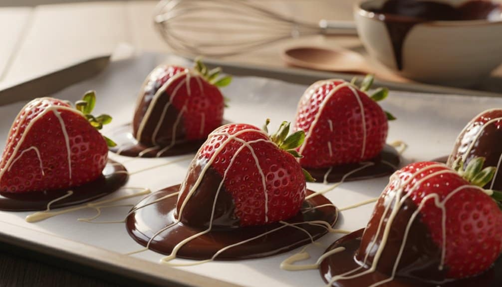 Fresh strawberries dipped in rich chocolate with elegant white chocolate drizzle, perfect for healthy snacking or dessert. Bright red strawberries contrast beautifully with creamy, dark, and white chocolates.