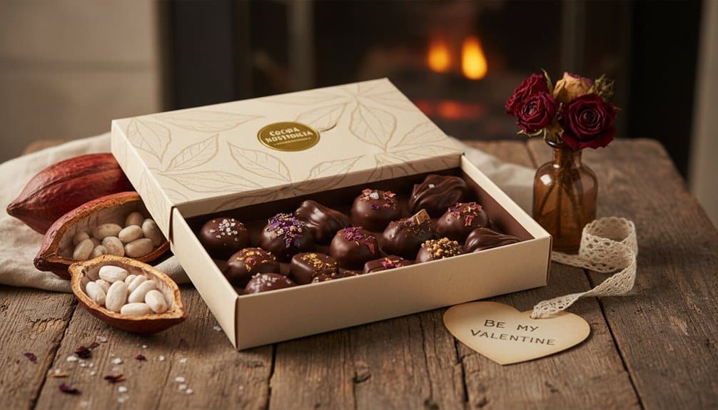 Why This $12 Valentine's Chocolate Is Outselling Godiva This Year 2 Rich dark chocolates with decorative toppings in a lovely gift box on a rustic wooden table. Perfect for Valentine's Day, paired with roses and heartfelt notes for a special occasion.