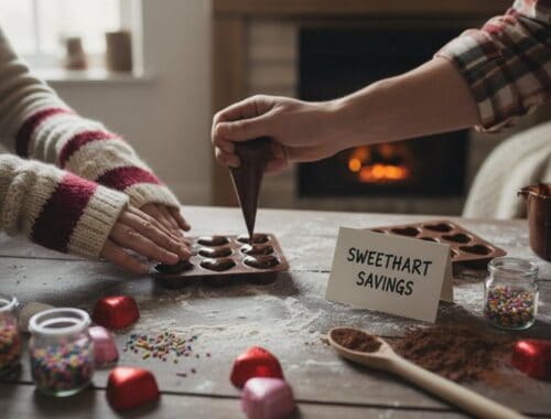 Delicious homemade chocolates being made with love, surrounded by colorful sprinkles, cocoa powder, and festive decorations on a cozy kitchen table. Perfect for Valentine's or special occasions.