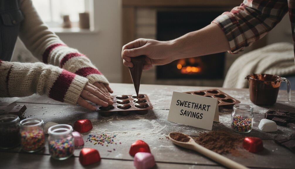 Delicious homemade chocolates being made with love, surrounded by colorful sprinkles, cocoa powder, and festive decorations on a cozy kitchen table. Perfect for Valentine's or special occasions.