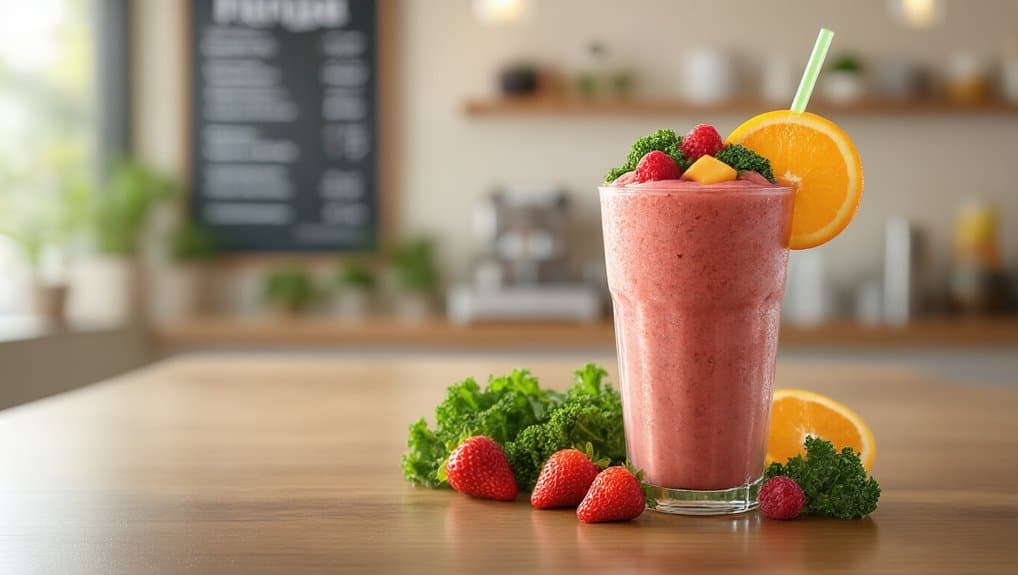 Fresh strawberry and orange smoothie with fruits and greens on a wooden table in a cozy cafe setting.