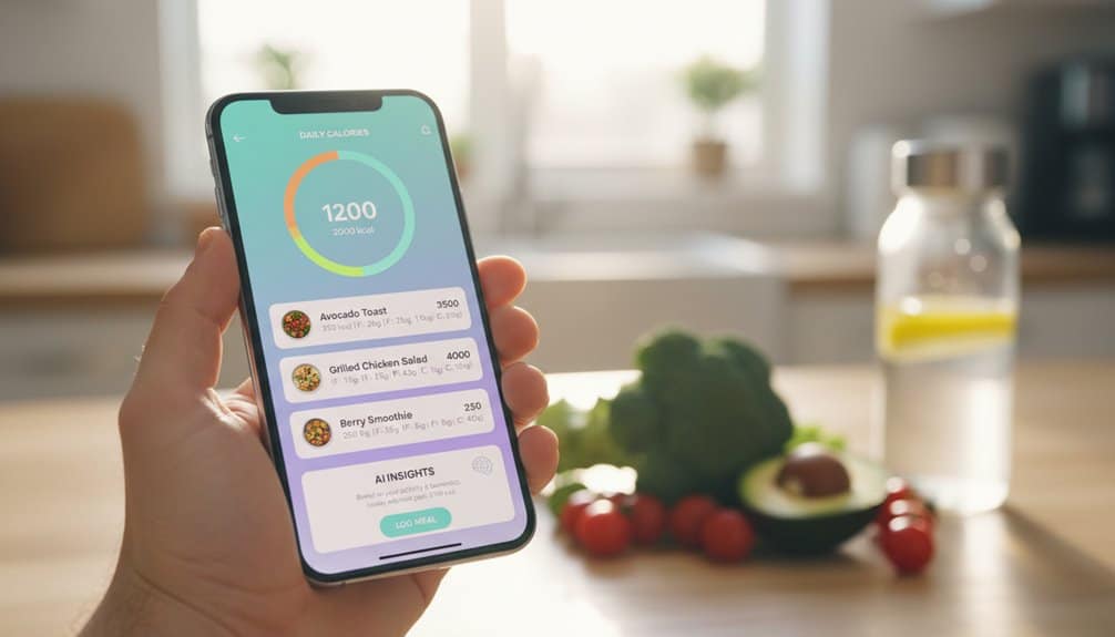 A person holds a smartphone displaying a calorie-tracking app with meal options and daily calorie goals in a bright kitchen setting.