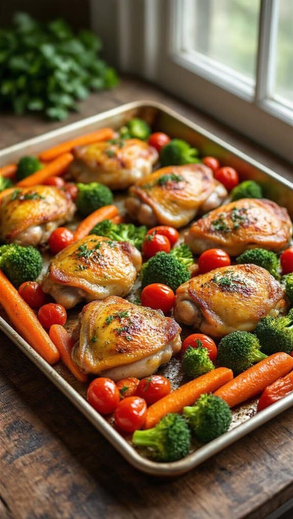 Roasted chicken thighs with vegetables on baking tray, healthy nutritious meal, fresh broccoli cherry tomatoes carrots, meal prep idea, high-quality food photography, health and fitness.