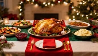 Easy Xmas Lunch Ideas for Stress-Free Hosting 11 Juicy roasted turkey on a decorated Christmas table surrounded by seasonal dishes and holiday decor, perfect for family gatherings and festive celebrations.