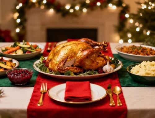 Juicy roasted turkey on a decorated Christmas table surrounded by seasonal dishes and holiday decor, perfect for family gatherings and festive celebrations.