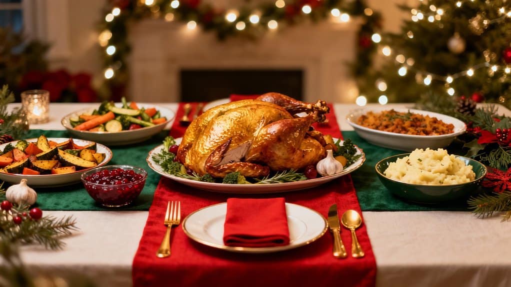 Juicy roasted turkey on a decorated Christmas table surrounded by seasonal dishes and holiday decor, perfect for family gatherings and festive celebrations.