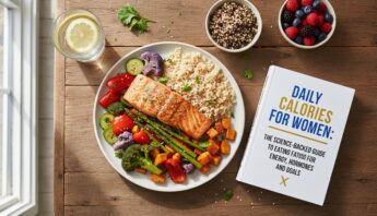 A nutritious plate featuring grilled salmon, rice, assorted vegetables, fresh berries, lemon water, and a guidebook on daily calories for women. Perfect for health-conscious individuals.