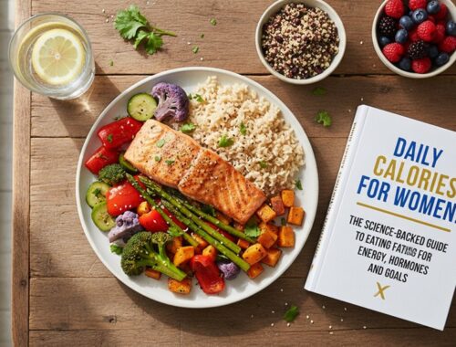 A nutritious plate featuring grilled salmon, rice, assorted vegetables, fresh berries, lemon water, and a guidebook on daily calories for women. Perfect for health-conscious individuals.