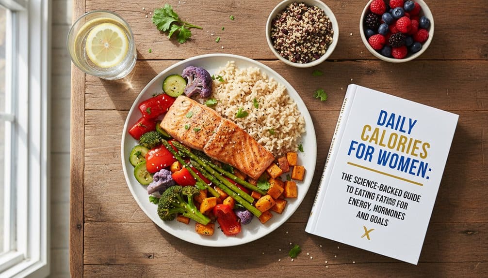 A nutritious plate featuring grilled salmon, rice, assorted vegetables, fresh berries, lemon water, and a guidebook on daily calories for women. Perfect for health-conscious individuals.