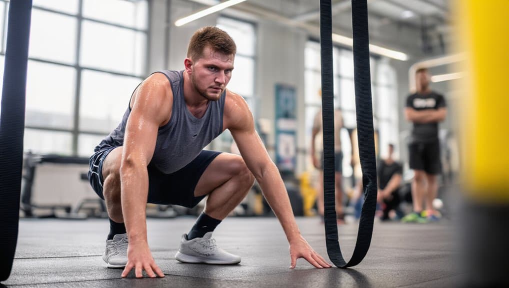 Athletic man preparing for workout in gym, fitness, strength training, exercise equipment, performance training.