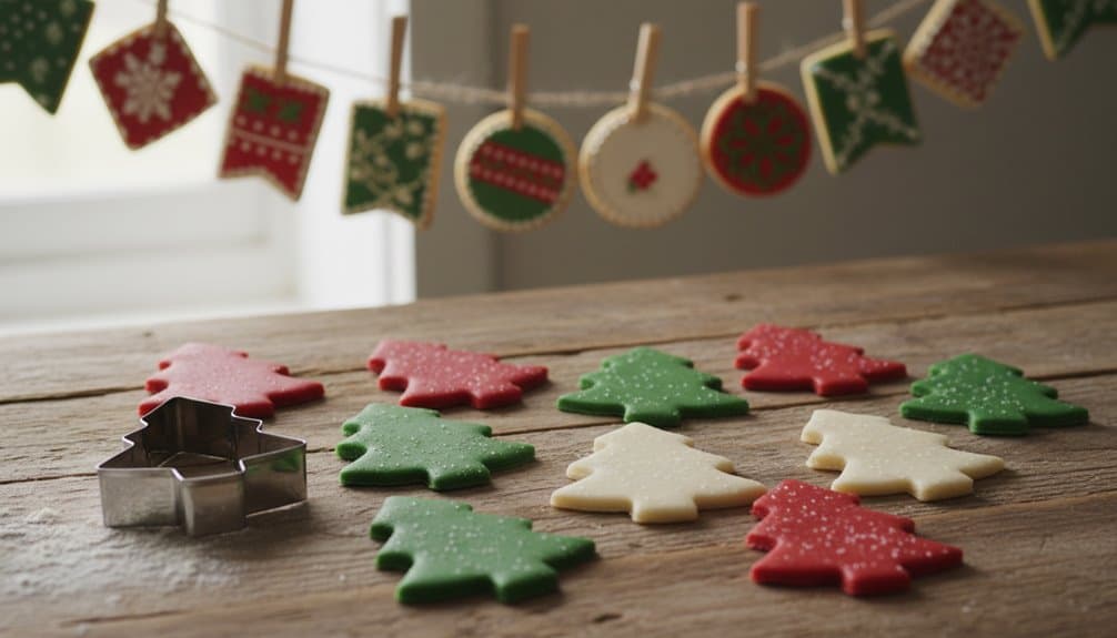 Holiday Christmas cookies in shapes of trees are decorated with red, green, and white icing, ready for baking or sharing during festive celebrations.