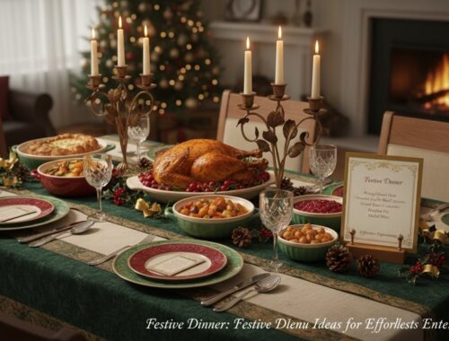 A beautifully arranged holiday dinner table featuring a roasted turkey, seasonal side dishes, elegant glassware, candles, and festive decorations in a cozy home setting.