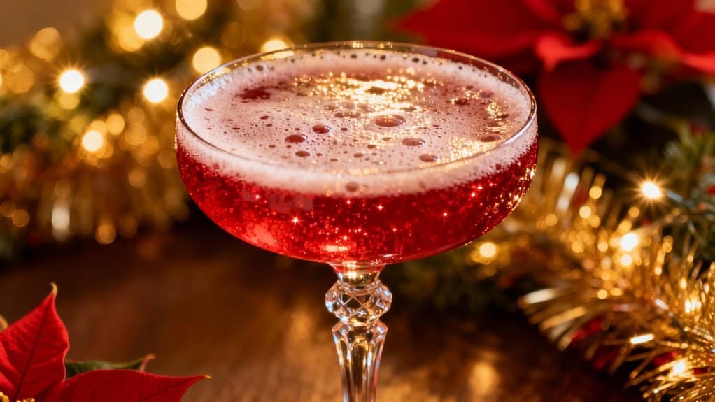Alt text: A sparkling red holiday cocktail in an elegant glass with a frothy top, surrounded by Christmas decorations like poinsettias and twinkling lights, perfect for festive celebrations.
