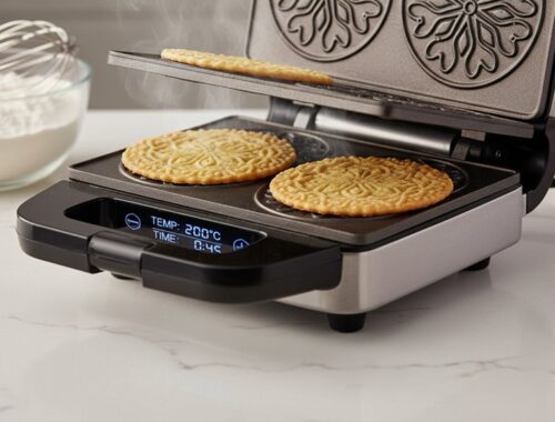 ALT text: Indoor kitchen scene with a pancake maker cooking waffles, surrounded by a bowl of flour, a whisk, and stacked biscuits, promoting healthy breakfast options.