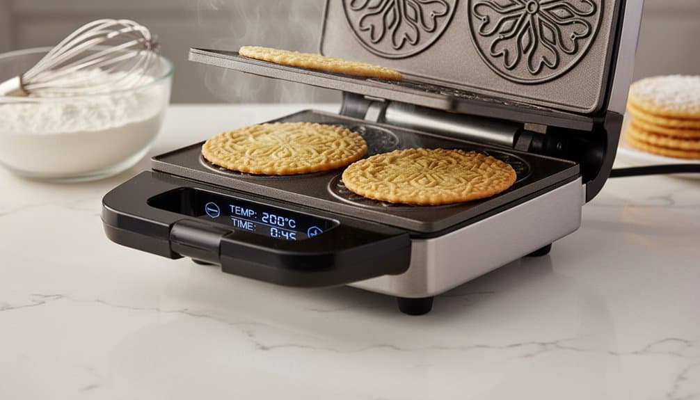 ALT text: Indoor kitchen scene with a pancake maker cooking waffles, surrounded by a bowl of flour, a whisk, and stacked biscuits, promoting healthy breakfast options.