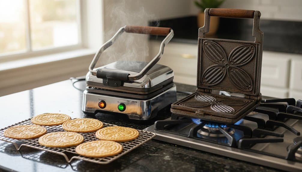 Delicious cookies cooling on a wire rack near a waffle iron and a sandwich maker on a modern kitchen counter. Perfect for healthy snack ideas and tasty treats while maintaining your fitness goals.