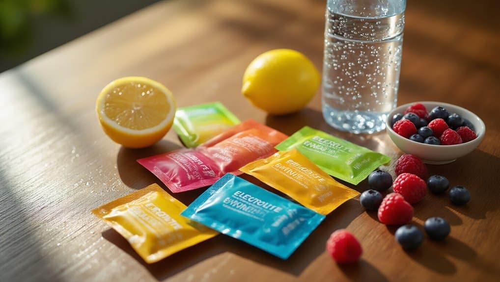 Electrolyte drink packets, fresh lemon, berries, and water on a wooden surface for hydration and health.