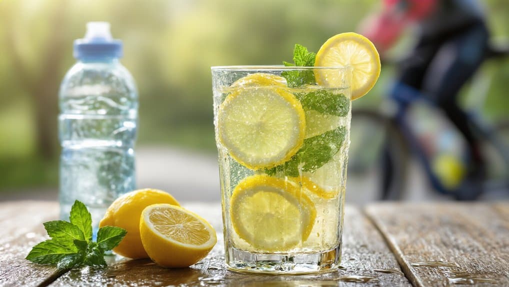 Refreshing lemon water with mint, placed on a wooden surface with a blurred outdoor background, emphasizing hydration and healthy living.