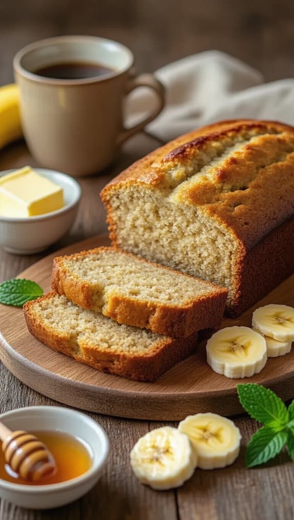 Butter banana bread, honey, tea, healthy breakfast, homemade baked good, natural ingredients, fresh fruit, honey drizzle, cozy breakfast setting, comfort food, morning routine, wholesome snack, soft crumb, golden crust, sweet aroma, nourishing meal, baked loaf, sliced banana loaf, breakfast table, culinary background, food photography.