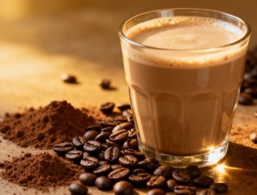 Rich coffee beverage in a clear glass surrounded by coffee beans and cocoa powder, highlighting a tasty and energizing drink option.