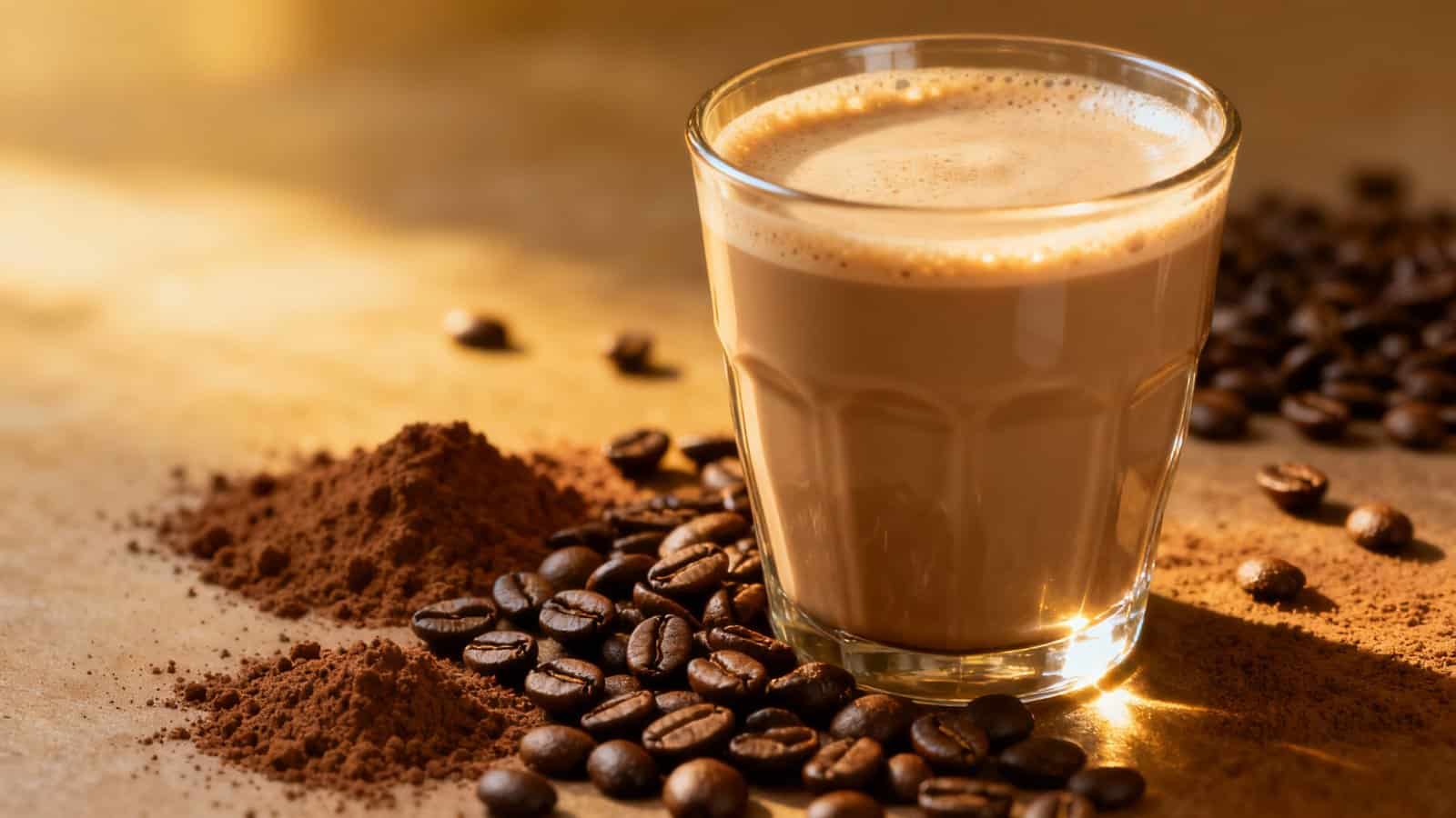 Rich coffee beverage in a clear glass surrounded by coffee beans and cocoa powder, highlighting a tasty and energizing drink option.