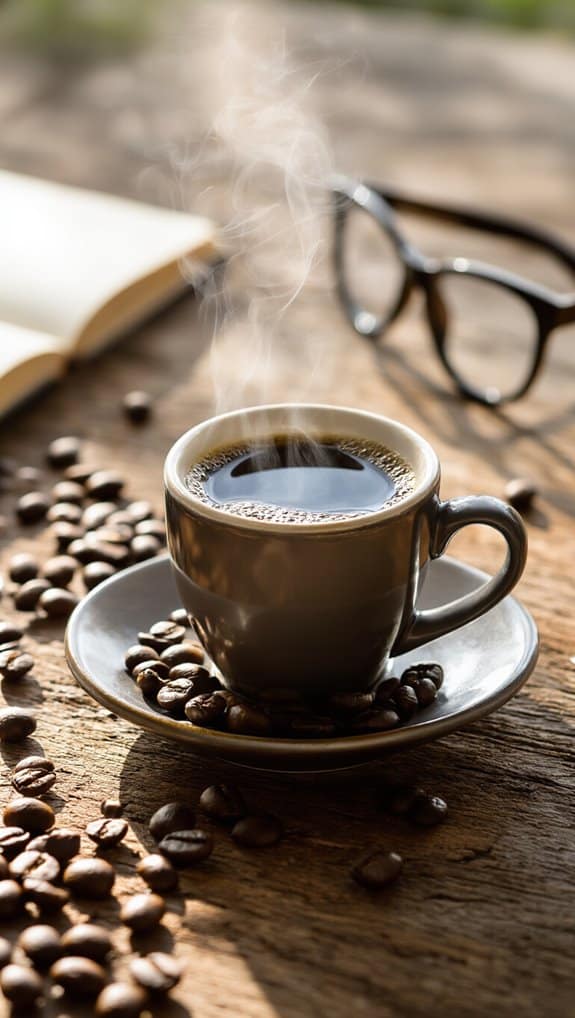 Rich aroma of freshly brewed coffee in a ceramic mug surrounded by scattered coffee beans on a rustic wooden table, with glasses and an open book in the background.