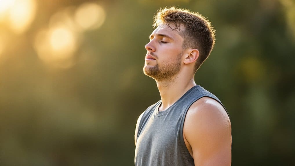 Calm young man meditating outdoors during sunset, peaceful fitness, mindfulness and mental wellness, stress relief, healthy lifestyle, relaxation techniques, wellness practice, serene natural environment, wellness motivation.