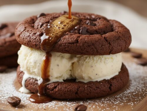 Delicious ice cream sandwich with rich chocolate cookies, creamy vanilla ice cream, caramel topping, and coffee beans for added flavor, served on a wooden surface.