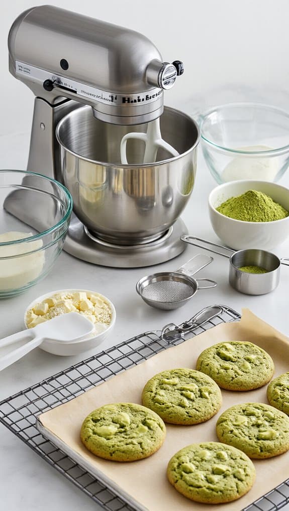 Cream-colored stand mixer blending green cookie dough with various baking ingredients on a white countertop, ready to bake healthy cookies.