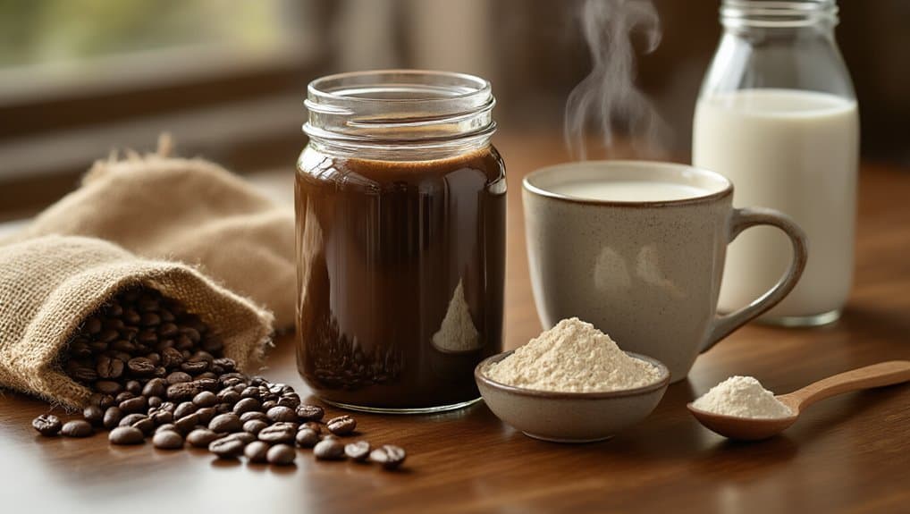 Protein Coffee Concentrate Brew Once, Sip All Week 2 Rich coffee beans and a variety of plant-based milk options on a wooden table, depicting healthy breakfast choices and nutritious ingredients for a balanced diet.