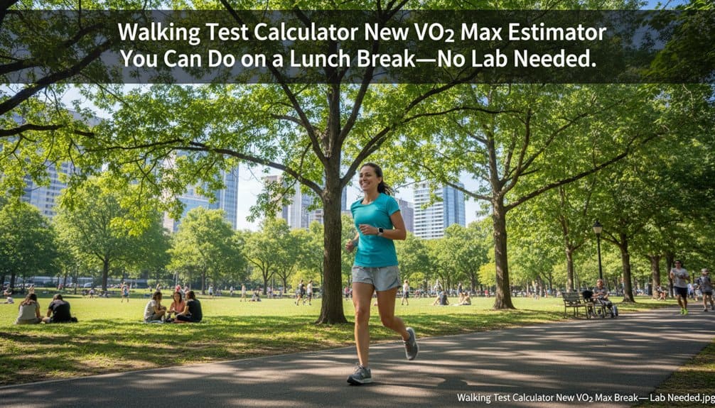 Optimized alt text: Woman jogging in a lush green park during daytime to calculate VO2 max with a walking test calculator, no lab needed, ideal for fitness assessments during lunch breaks.