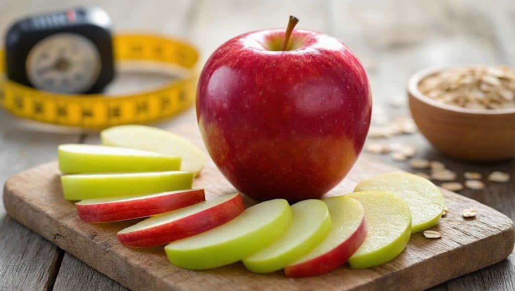 Fresh apple slices with a whole apple on a wooden board, measuring tape, and a bowl of oats in the background for healthy eating and weight management.