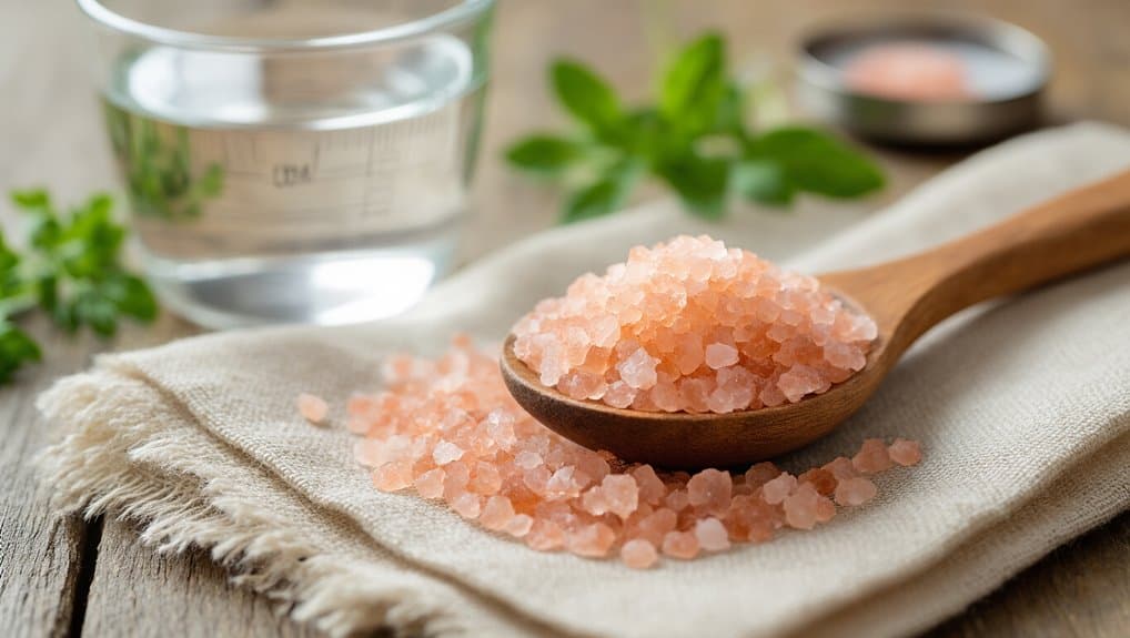 Pink Himalayan salt in a wooden spoon on a linen cloth, with a glass of water and herbs in the background.