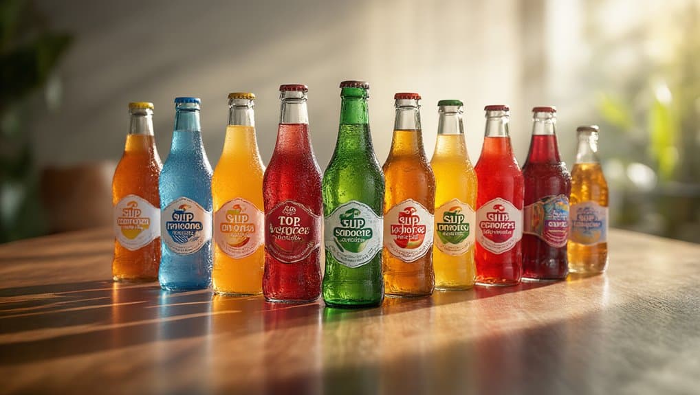 Assorted colorful bottled sodas on a wooden table, variety of flavors and vibrant colors, refreshing beverages, natural sunlight, health-conscious choices, fitness and hydration concept, tropical background.