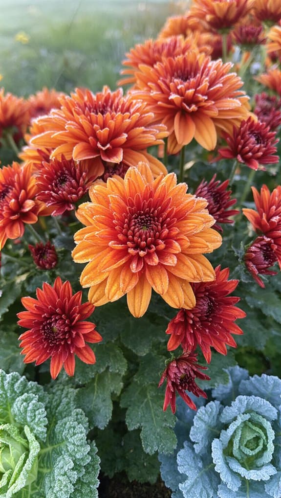 Bright orange and red chrysanthemums blooming in a garden with green and frosty leaves, showcasing fall gardening beauty and seasonal flower arrangements.