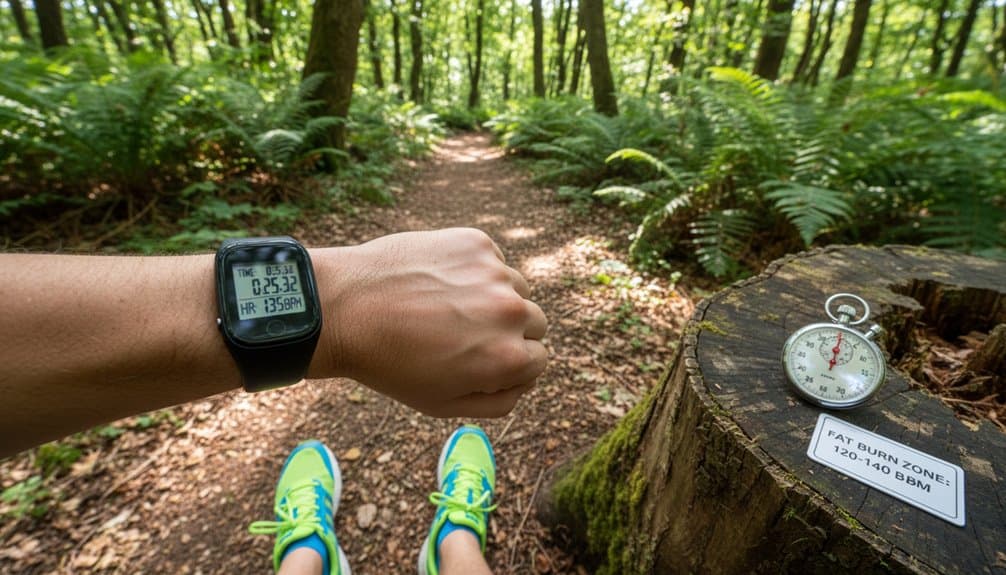 A person standing on a forest trail wearing a fitness smartwatch, surrounded by lush green trees, with a stopwatch and a "Fat Burn Zone" sign on a tree stump.